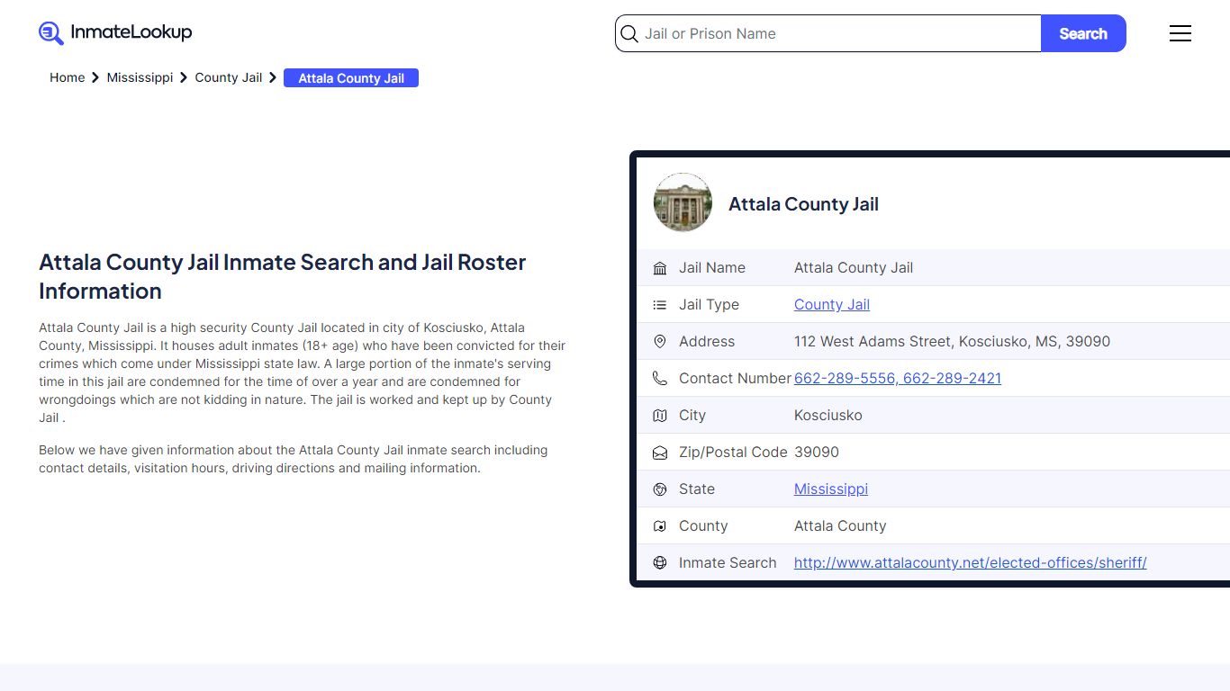 Attala County Jail Inmate Search and Jail Roster Information