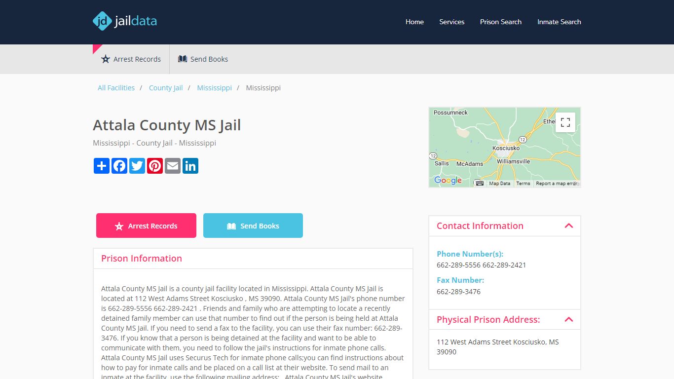 Attala County MS Jail Inmate Search and Prisoner Info - Kosciusko, MS